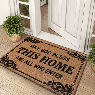 45x75cm Blessing Home Motif Welcome Mat Faux Coir Brown Coarse Fibre Filigree Corner No-Slip Doorway Rug for Indoor Front Entrance Halloween Decor