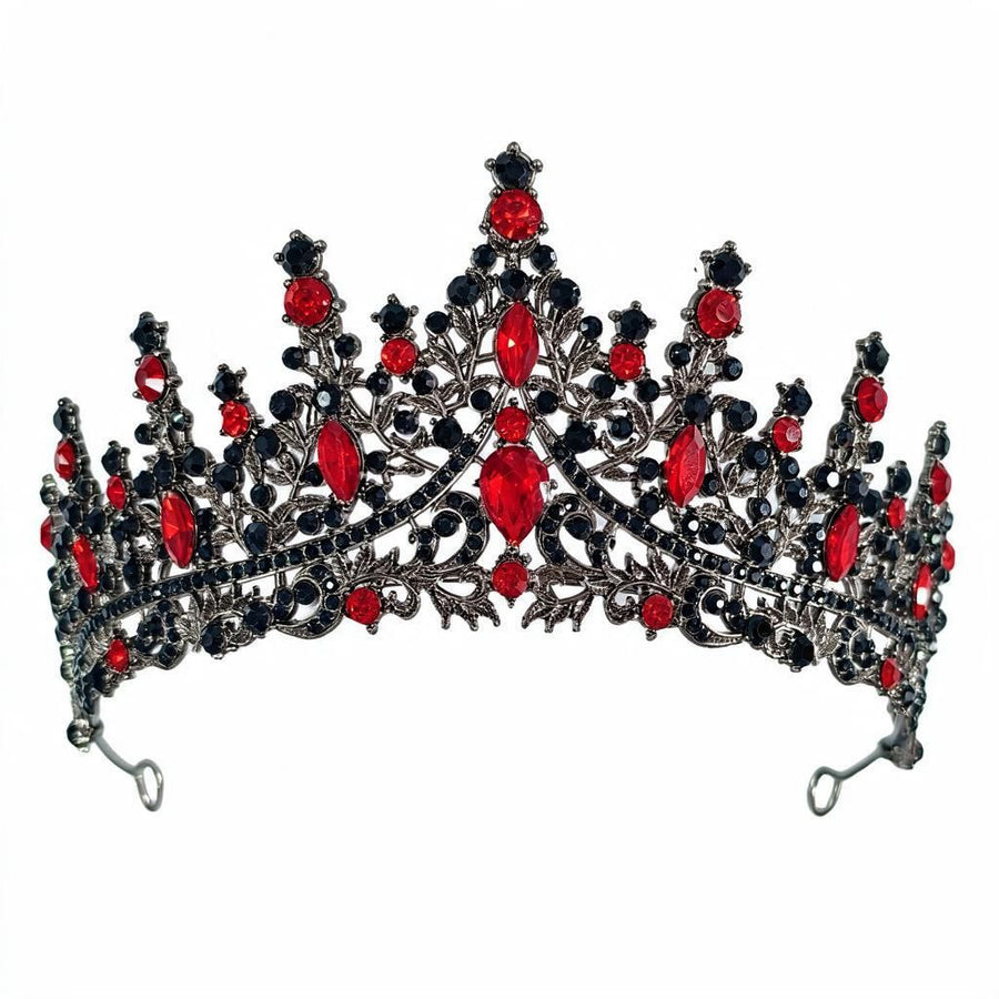 Women's Baroque Black & Ruby Red Crystal Crown Headwear Antique Silver Scroll Filigree Hair Jewellery Costume Ball Evening Gown 1pc
