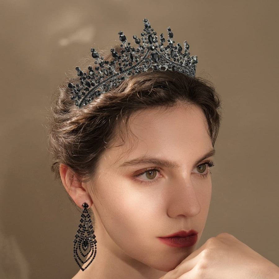 Women's Baroque Black & Ruby Red Crystal Crown Headwear Antique Silver Scroll Filigree Hair Jewellery Costume Ball Evening Gown 1pc