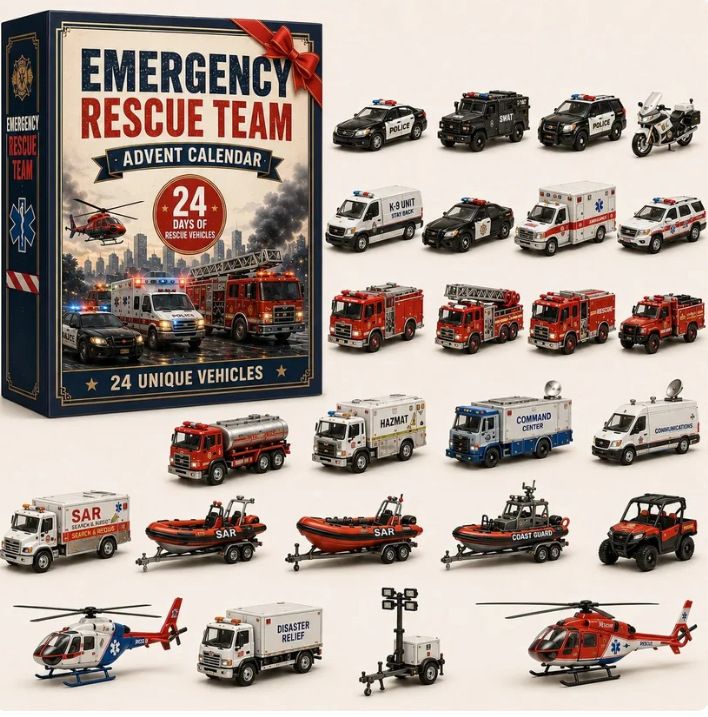 Day-by-Day Unboxing Advent Box Emergency Rescue Fleet 24 Assorted Vehicles Chopper K9 Unit Boat Models 26x18x3cm 3mm Acrylic Stand Xmas