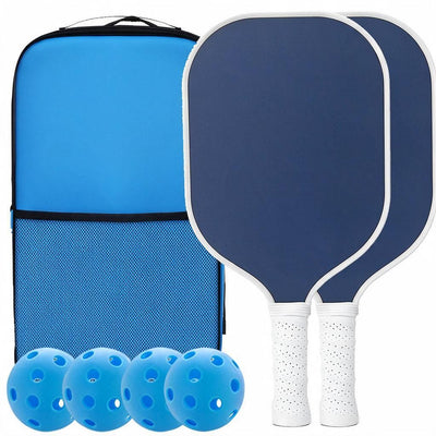 Navy Blue Pickleball Paddle Duo Fibreglass Face 4 Balls + Light Blue Mesh Carry Bag Style 07 Dotted Grip Outdoor Fun