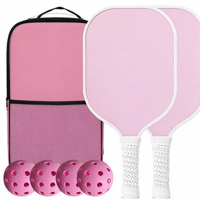 Solid Style 03 Set 01 Pink 2-Player Pickleball Kit Fibreglass Racquet Pair 4 Pink Balls Padded Zip Bag USA Approved