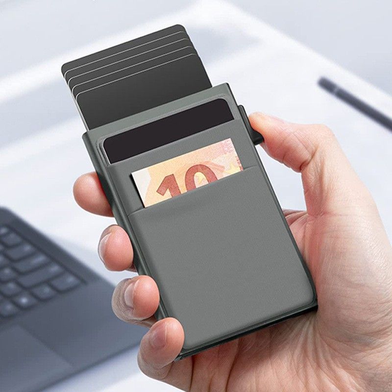 Men's Pop Up Card Holder RFID Shielding Aluminium Wallet Blue Slim Card Case Blue Cloth Pouch Office Travel