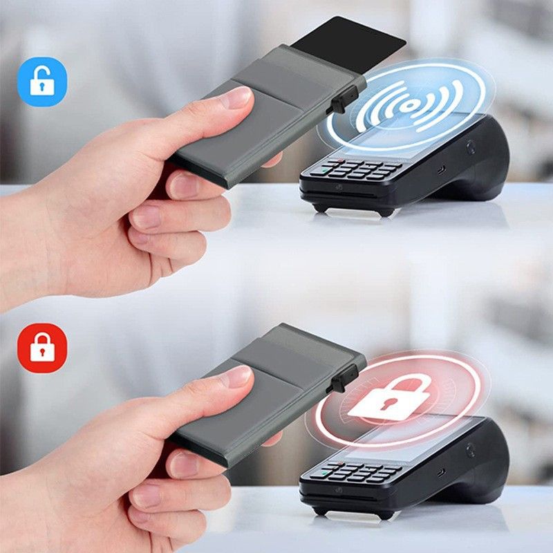 Men's Pop Up Card Holder RFID Shielding Aluminium Wallet Blue Slim Card Case Blue Cloth Pouch Office Travel