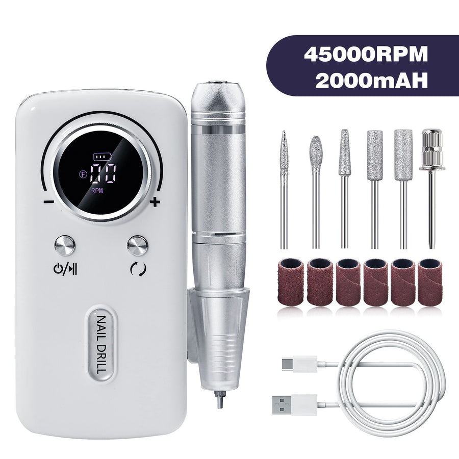Electric Nail Drill Machine 45000RPM Portable Cordless Manicure File USB Nail Drill White V1 Home Salon