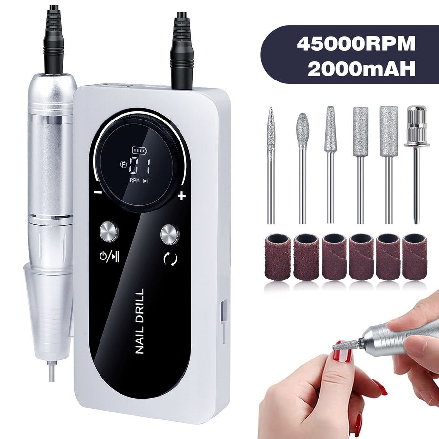 Gel Polish Remover Manicure Tool Kit White V2 1 Set 6 Bits USB Rechargeable 45000RPM Nail Drill