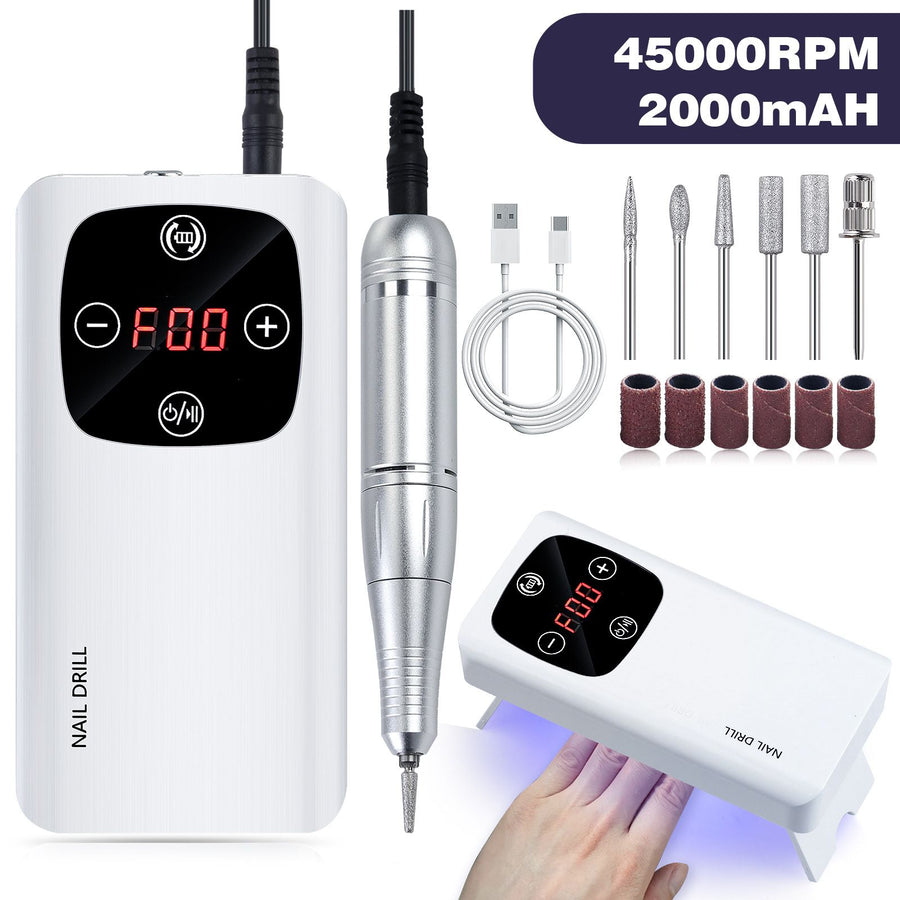 45K RPM Rechargeable Nail Drill Machine White V3 with UV Curing Lamp LED Display 6 Bits 1 Set Portable Nail Care Salon