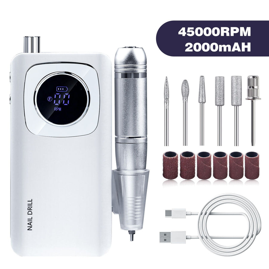 2000mAh Cordless Nail Grinder White V4 LED RPM Screen 6 Drill Bits Sanding Bands USB Manicure Polisher Acrylic Gel Removal Home Use