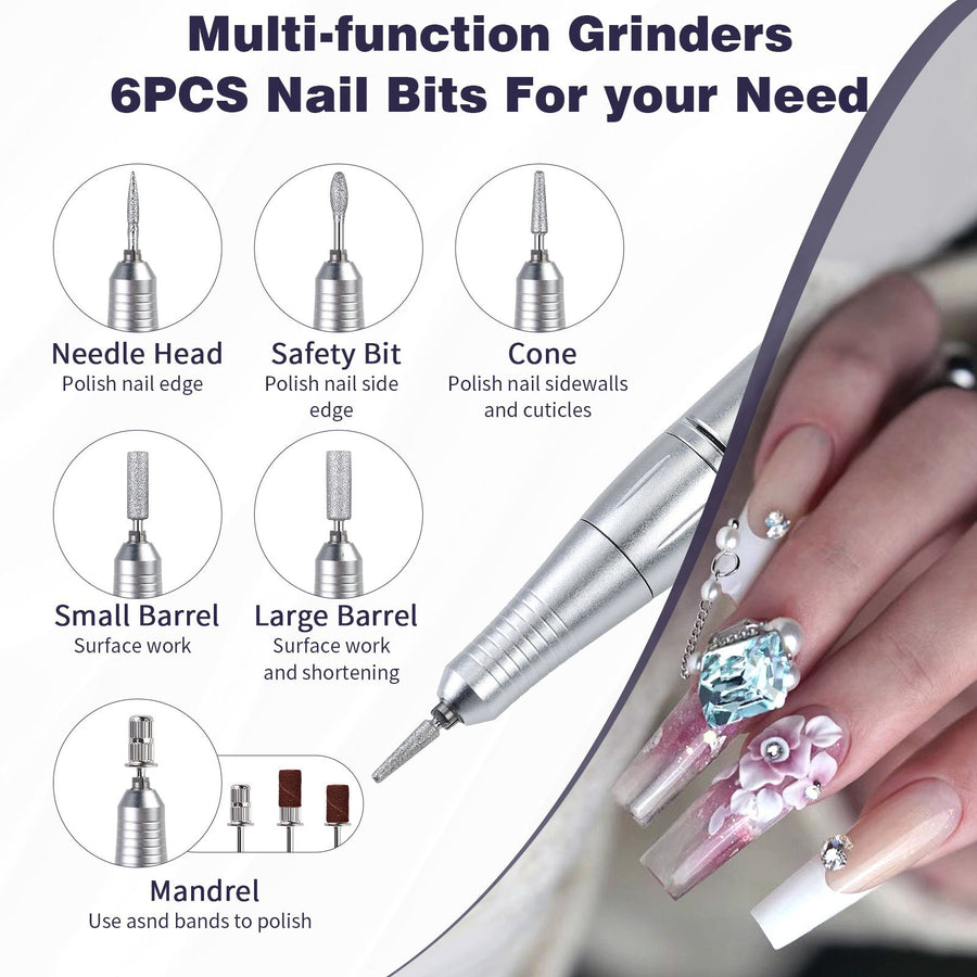 2000mAh Cordless Nail Grinder White V4 LED RPM Screen 6 Drill Bits Sanding Bands USB Manicure Polisher Acrylic Gel Removal Home Use