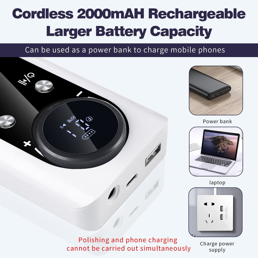 2000mAh Cordless Nail Grinder White V4 LED RPM Screen 6 Drill Bits Sanding Bands USB Manicure Polisher Acrylic Gel Removal Home Use