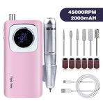 Pink V4 USB Rechargeable Nail Filing Station 45K RPM LED Speed Gauge 2000mAh Battery 6 Bits Sanding Bands Remove Acrylic Gel Extensions
