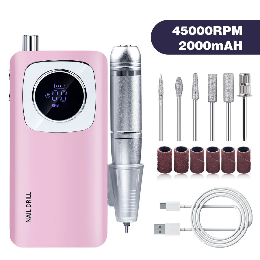 Pink V4 USB Rechargeable Nail Filing Station 45K RPM LED Speed Gauge 2000mAh Battery 6 Bits Sanding Bands Remove Acrylic Gel Extensions