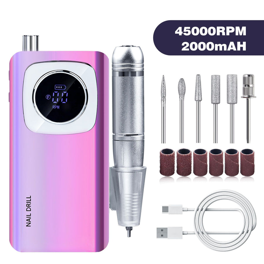 Women's Portable E-File Nail Drill Holographic Purple V4 2000mAh LCD RPM Display 6 Bits USB Rechargeable DIY Nail Art Home