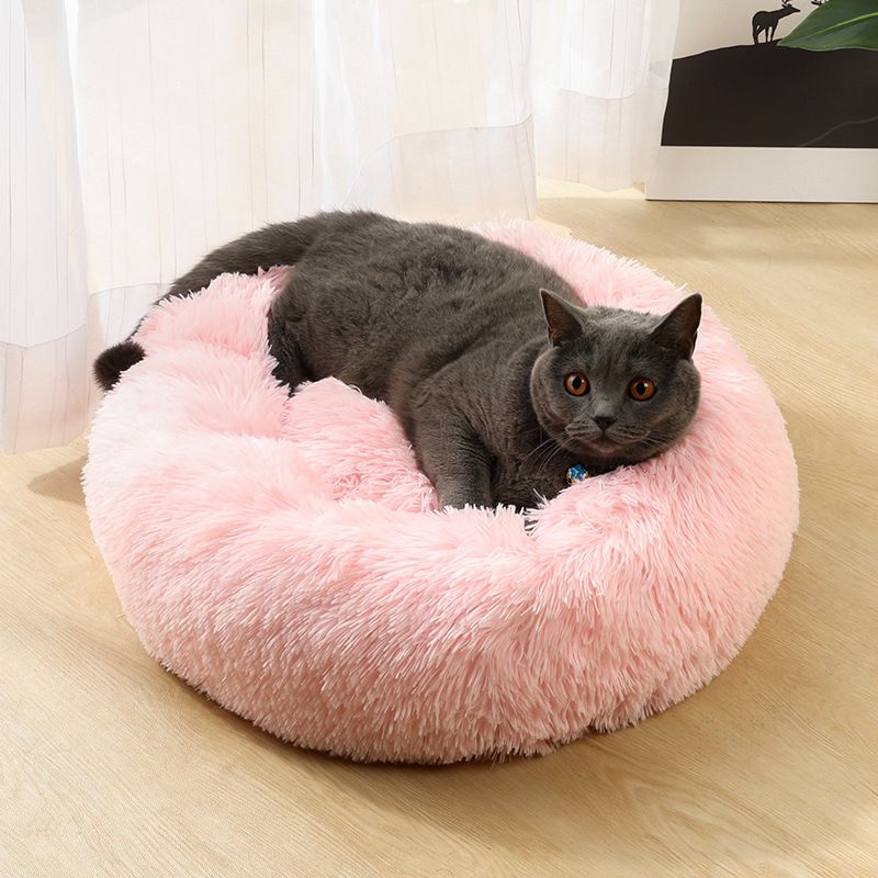 Furry Ring Cushion Pet Bed Blush Pink 60cm Outer Diameter - Calming Round Nest Keeps Ragdoll Cats & Mini Pups Cozy, Washable Spring Home Comfort
