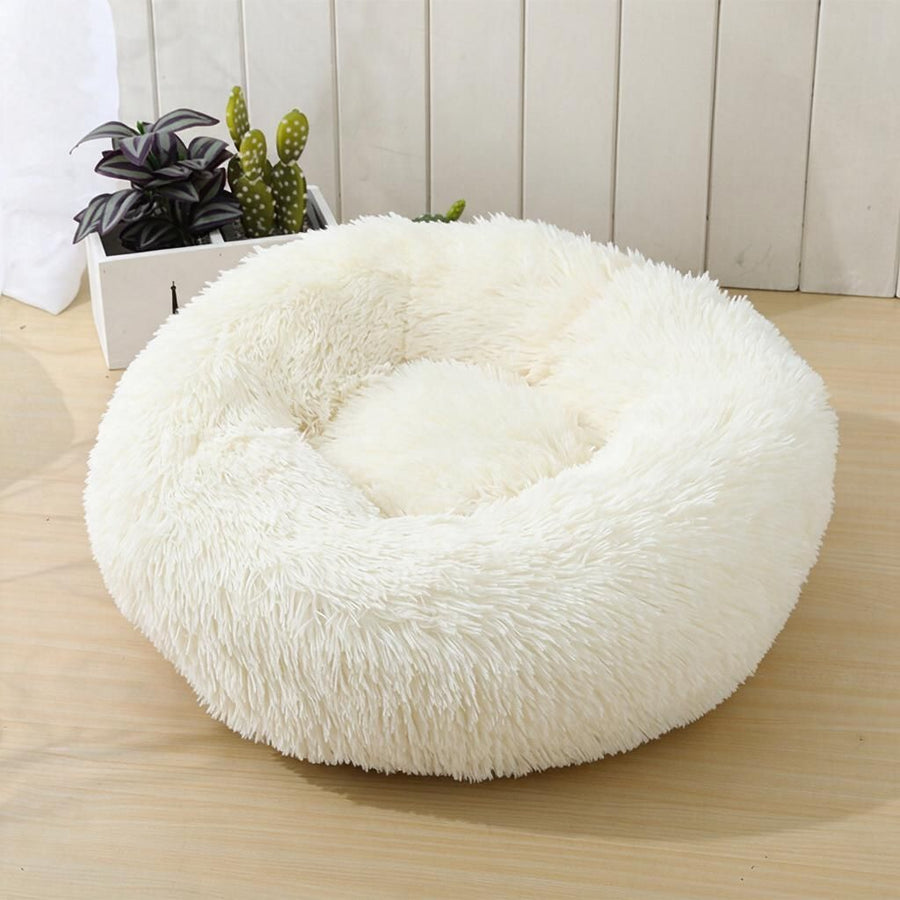 Pure White 90cm Circular Shaggy Nest Cushion - Machine Washable Faux Fur Donut Bed Keeps Medium Dogs & Cats Warm, Halloween Gift