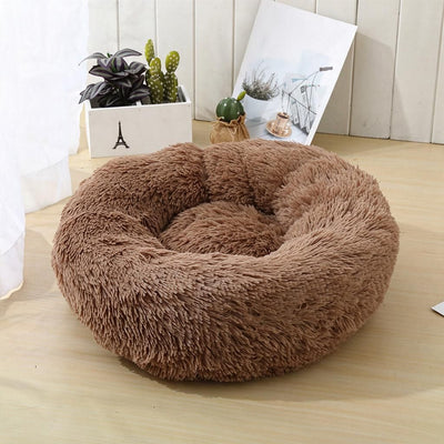 Light Coffee Brown 60cm Outer Diameter Plush Ring Cushion, Machine-Washable Deep Pile Round Lounger for Kittens & Small Pups Home