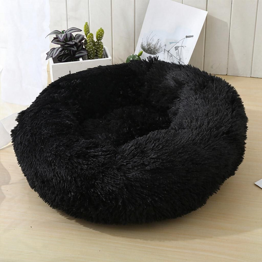 Washable Plush Ring Bed in Jet Black, 40cm Outer Diameter Calming Donut Cushion for Cat & Small Dog Snoozes, Halloween Home Comfort