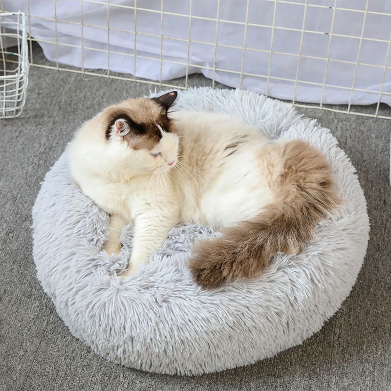 Long-Pile Pet Sleeping Bowl Blue 60cm Across, Washable Warm Cozy Nest Cushion for Kittens & Small Pups, Indoor Nap Spot