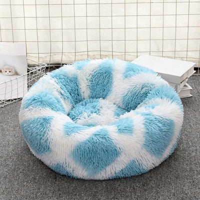 Circular Pet Bed 60cm Across in Blue & White Zigzag Plush, Anti-Anxiety Rim Cushion for Indoor Kittens & Small Dogs, Machine Washable