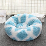 90cm Wide Blue & White Banded Furry Pet Cushion, Extra Deep Ring Lounger Cushioning Joints for Big Dogs & Multi-Cat Homes, Quick Wash