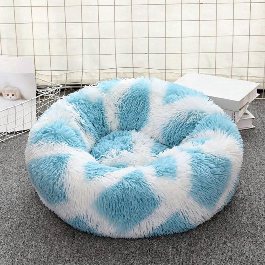 90cm Wide Blue & White Banded Furry Pet Cushion, Extra Deep Ring Lounger Cushioning Joints for Big Dogs & Multi-Cat Homes, Quick Wash