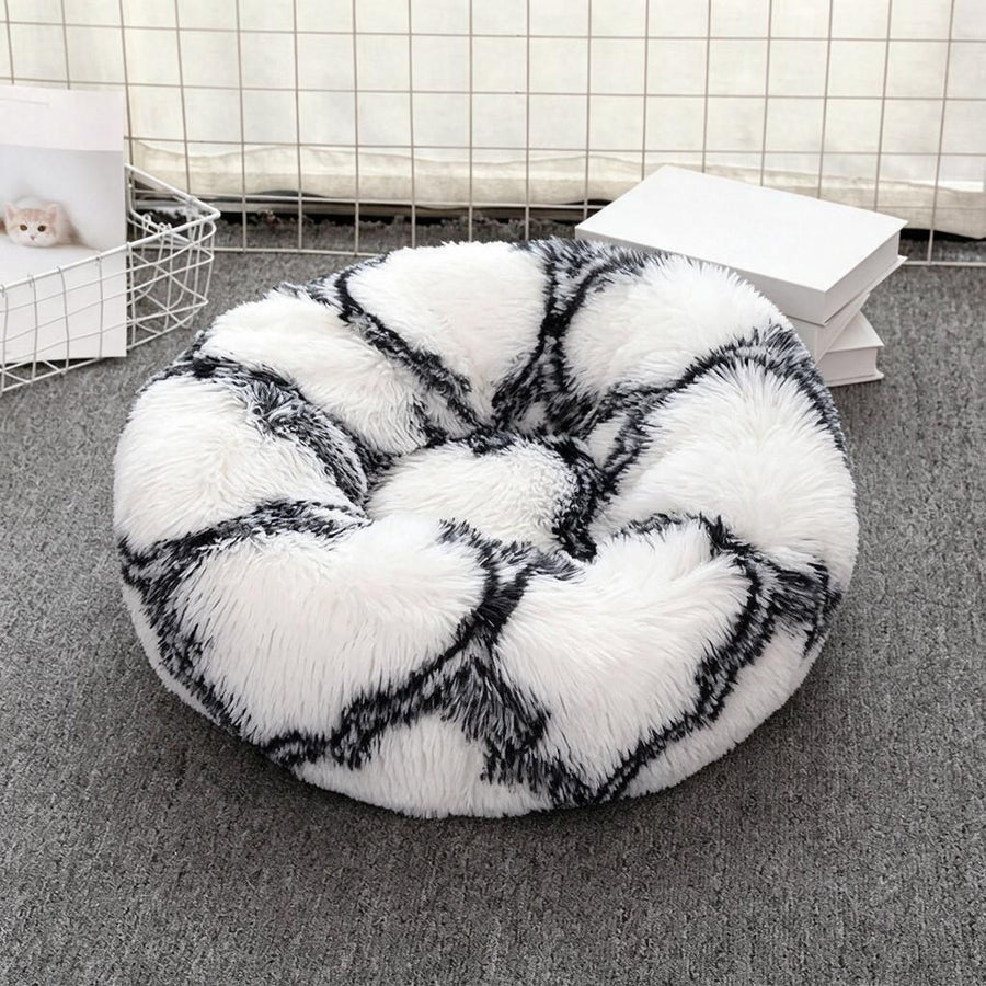 90cm Round Plush Nest, Textured Black & White Faux Fur Cushion, Keeps Big Cats & Medium Dogs Warm, Machine Washable Indoor Comfort