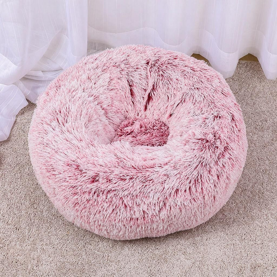 Warming Naptime Bed for Small Felines & Puppies, Gradient Rose Pink 50cm Circular Fluffy Faux Fur Cushion, Washer Safe Spring Home