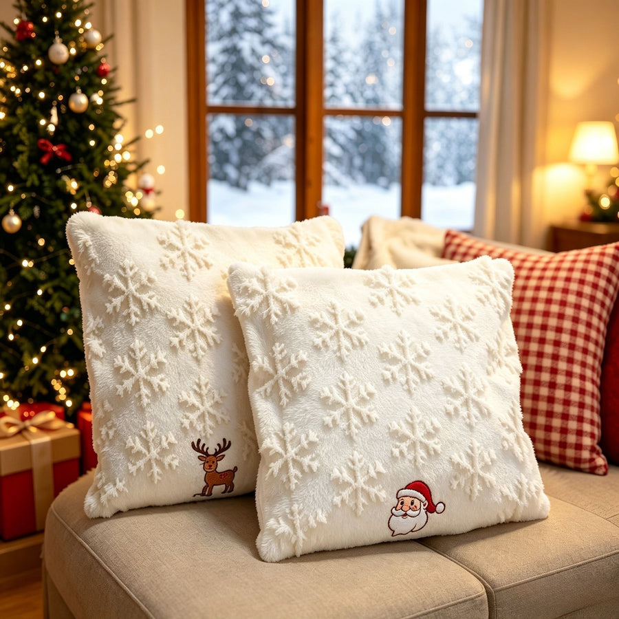 Set of 2 Christmas Cushion Covers - Snowflake & Bell Embroidery (Pillow filling not included)