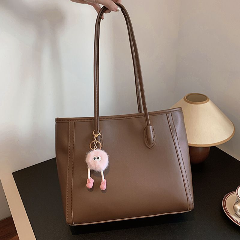 Brown Single Shoulder Tote Bag With Pendant