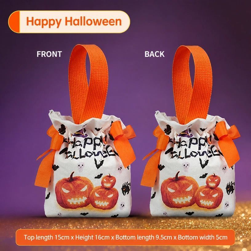 8Pcs Orange Background Ghost Candy Halloween Drawstring Bags With Pumpkin Doll