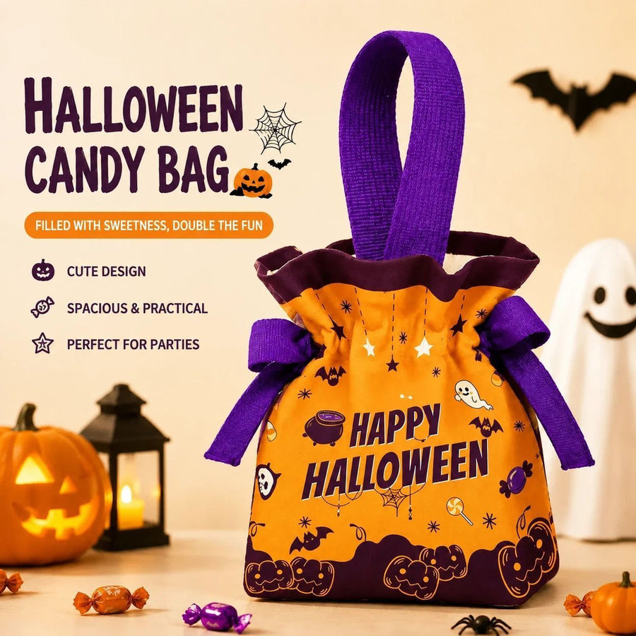 8Pcs Orange Background Ghost Candy Halloween Drawstring Bags With Pumpkin Doll