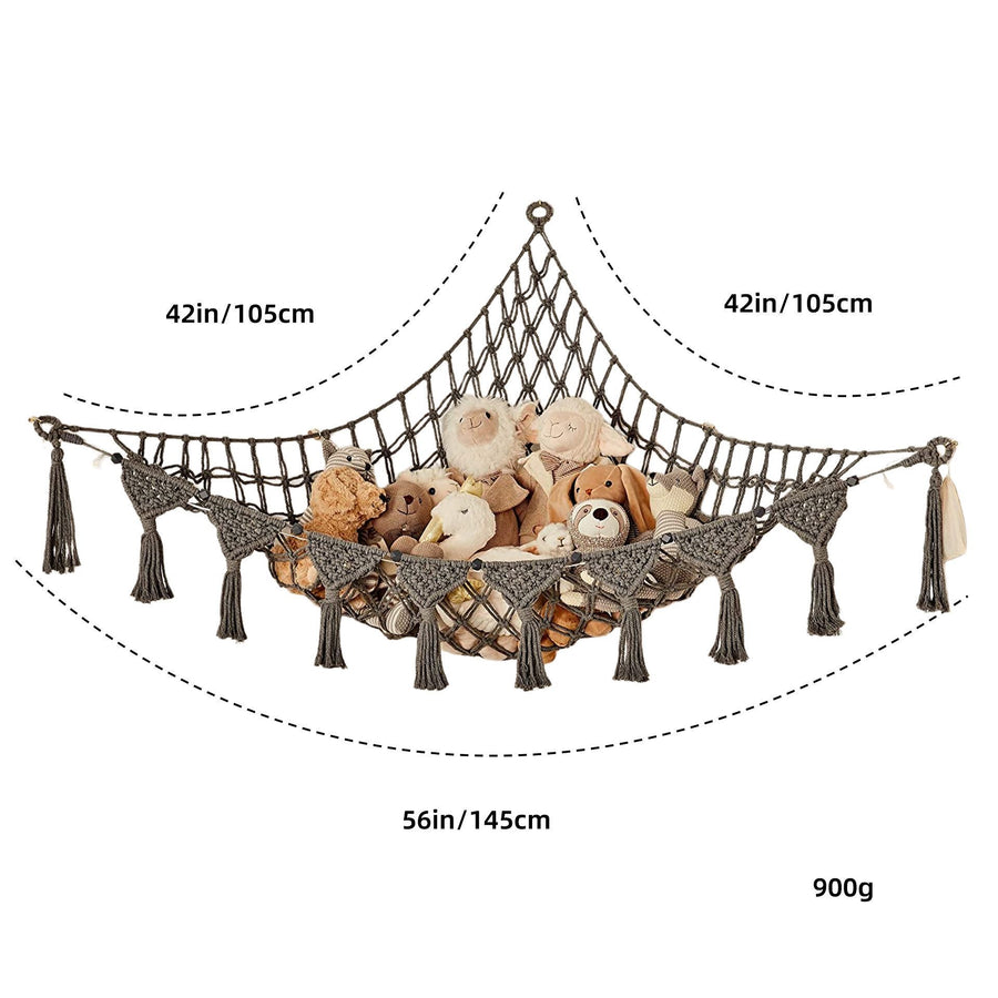 Triangle Toy Storage Net Hammock, Grey With Octagonal Beads