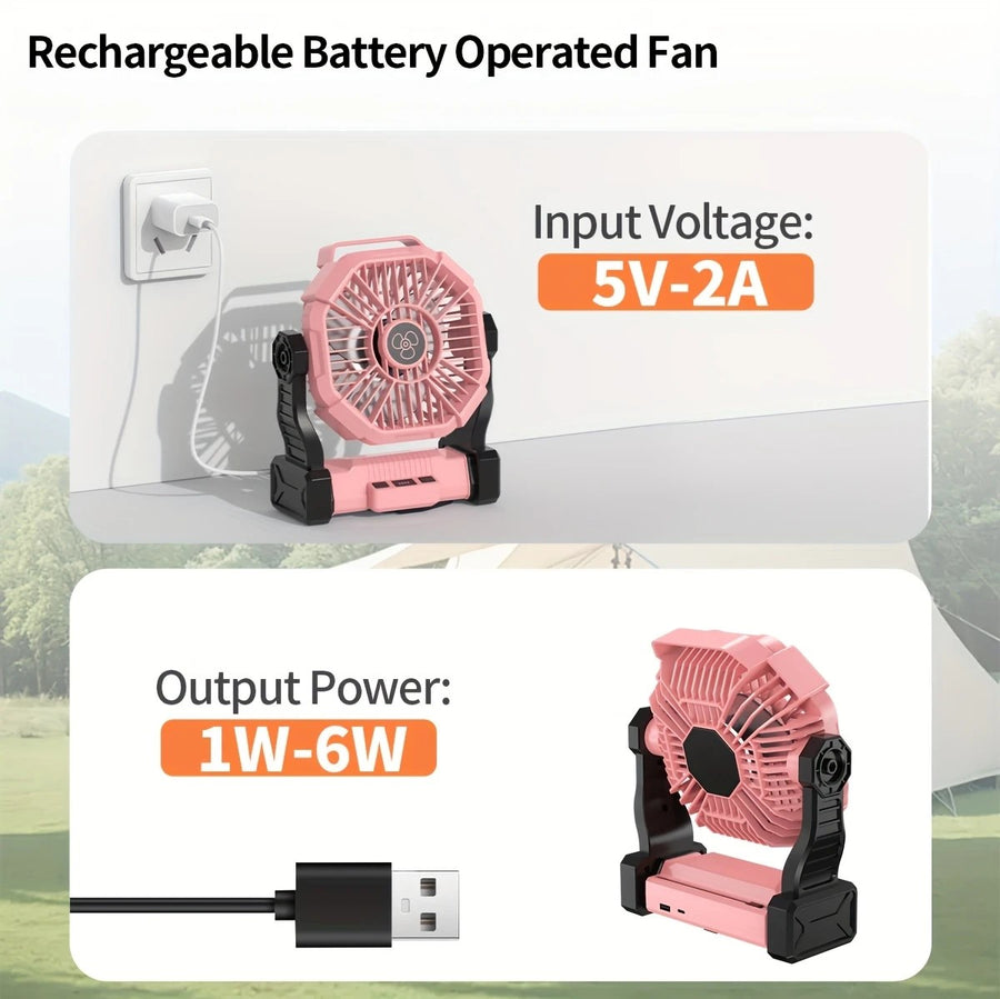 PINK 2-in-1 Portable Fan & Light, Quiet & Cool for Outdoor Use