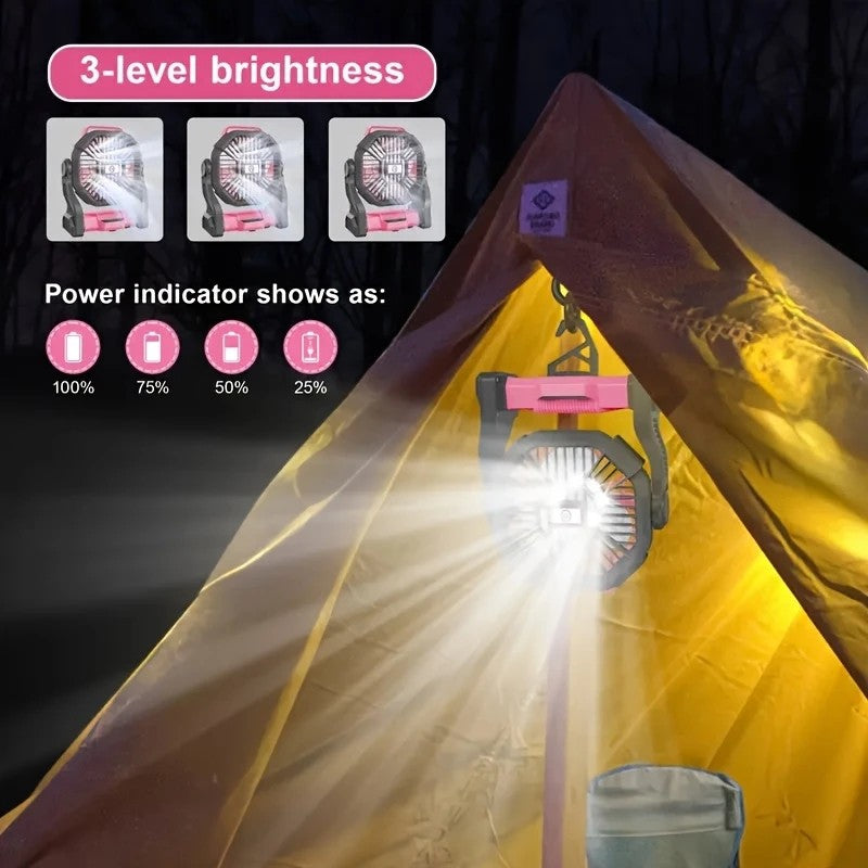 PINK 2-in-1 Portable Fan & Light, Quiet & Cool for Outdoor Use