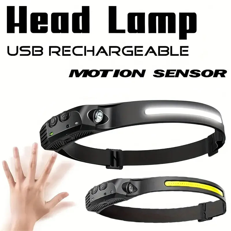 Compact motion-sensing headlamp, USB rechargeable, 5 modes – essential for outdoor & emergencies!