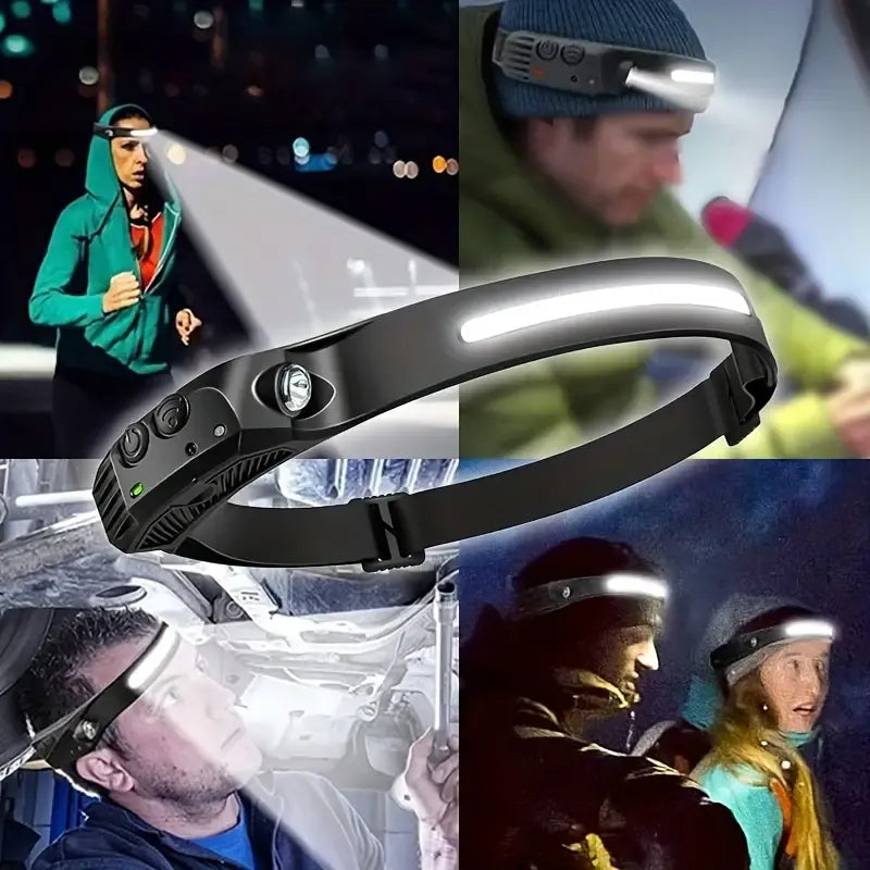 Compact motion-sensing headlamp, USB rechargeable, 5 modes – essential for outdoor & emergencies!