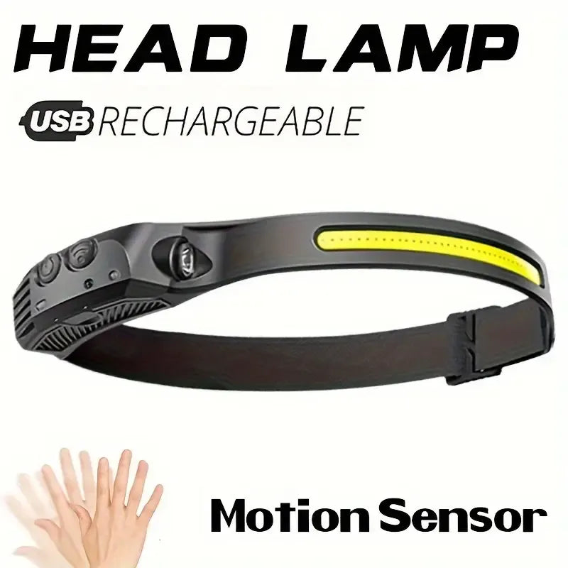 Compact motion-sensing headlamp, USB rechargeable, 5 modes – essential for outdoor & emergencies!