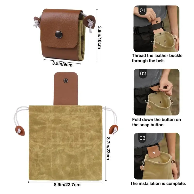 Canvas Foraging Bag Outdoor Fruit Picking Pouch Waist Pack Bushcraft Tool Bag PU Leather Lightweight Foldable Organizer/black