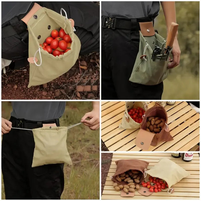 Canvas Foraging Bag Outdoor Fruit Picking Pouch Waist Pack Bushcraft Tool Bag PU Leather Lightweight Foldable Organizer/black
