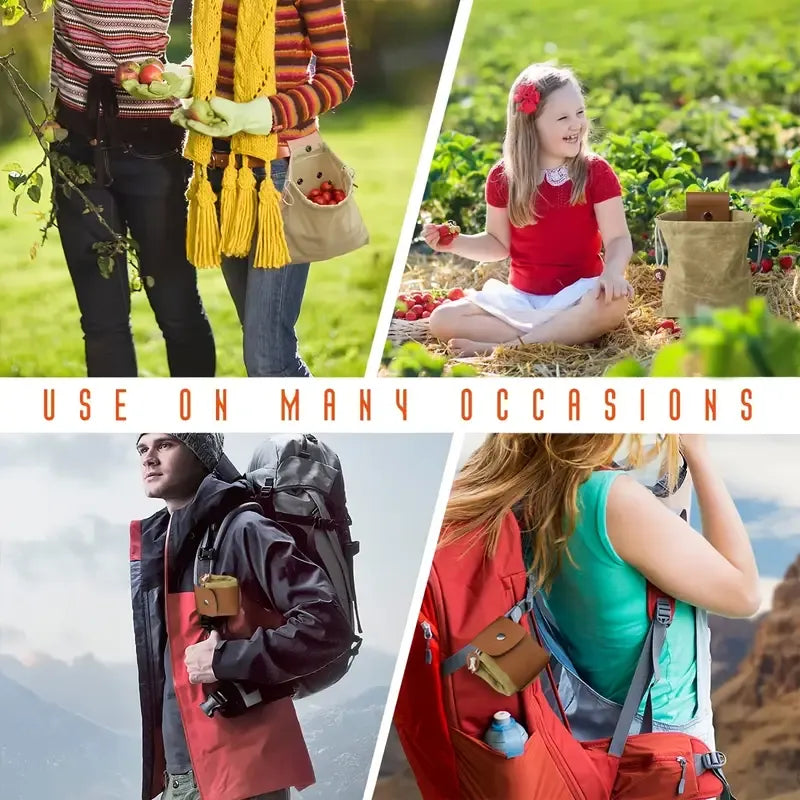 Canvas Foraging Bag Outdoor Fruit Picking Pouch Waist Pack Bushcraft Tool Bag PU Leather Lightweight Foldable Organizer/black