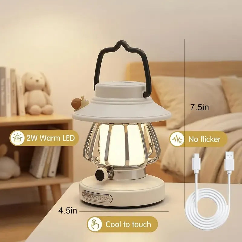 Cute Snail Retro Camping Light, 3 Color Temperatures Stepless Dimming Touch Control, USB Rechargeable Eye-Caring, Portable Night Light for Bedroom Dorm Office (White)