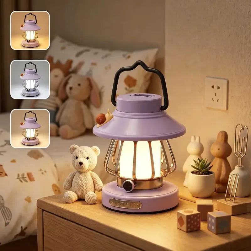 Cute Snail Retro Camping Light, 3 Color Temperatures Stepless Dimming Touch Control, USB Rechargeable Eye-Caring, Portable Night Light for Bedroom Dorm Office (White)