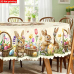 Polyester Easter Tablecloth, Bunny Egg Waterproof Printed Decoration（180*180CM/70*70IN)
