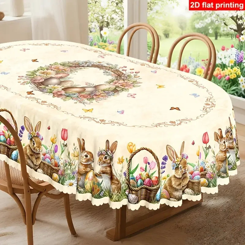 Polyester Easter Tablecloth, Bunny Egg Waterproof Printed Decoration（180*180CM/70*70IN)
