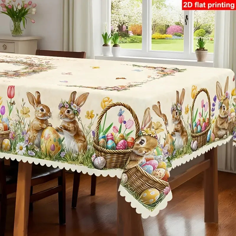 Polyester Easter Tablecloth, Bunny Egg Waterproof Printed Decoration（180*180CM/70*70IN)