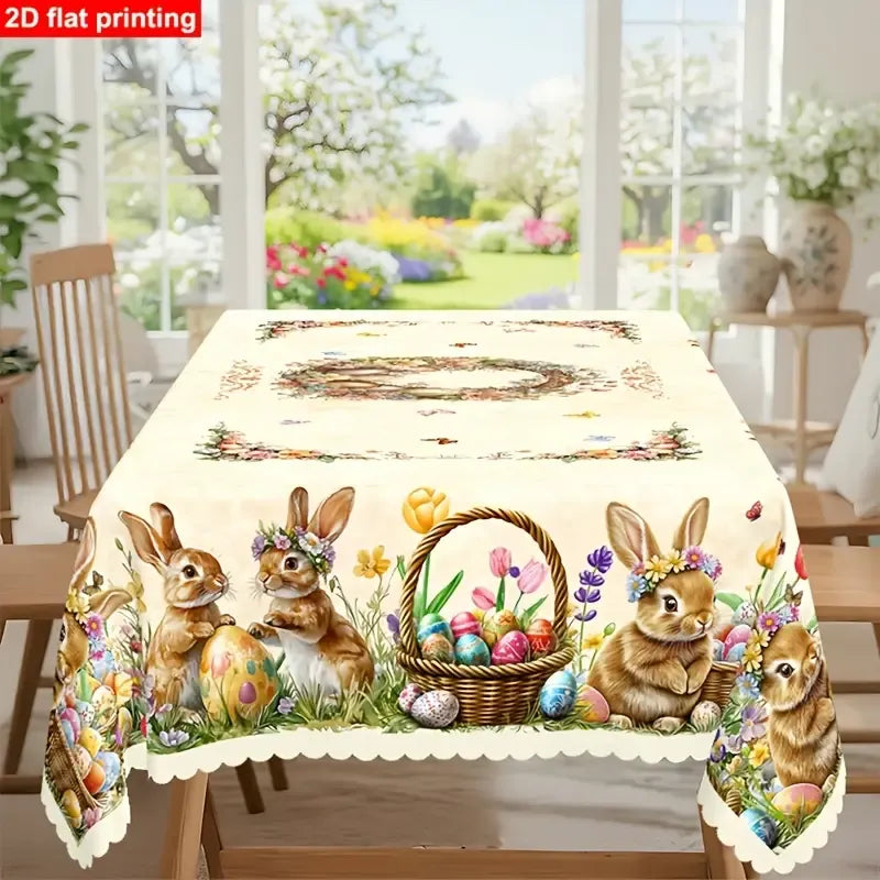Polyester Easter Tablecloth, Bunny Egg Waterproof Printed Decoration（180*180CM/70*70IN)