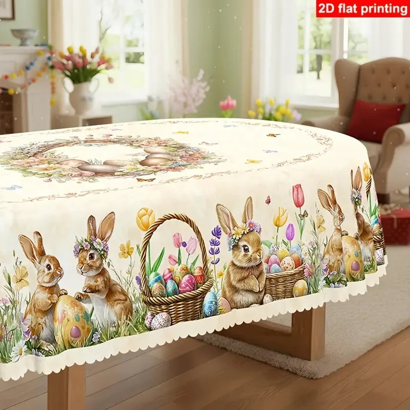 Polyester Easter Tablecloth, Bunny Egg Waterproof Printed Decoration（180*180CM/70*70IN)
