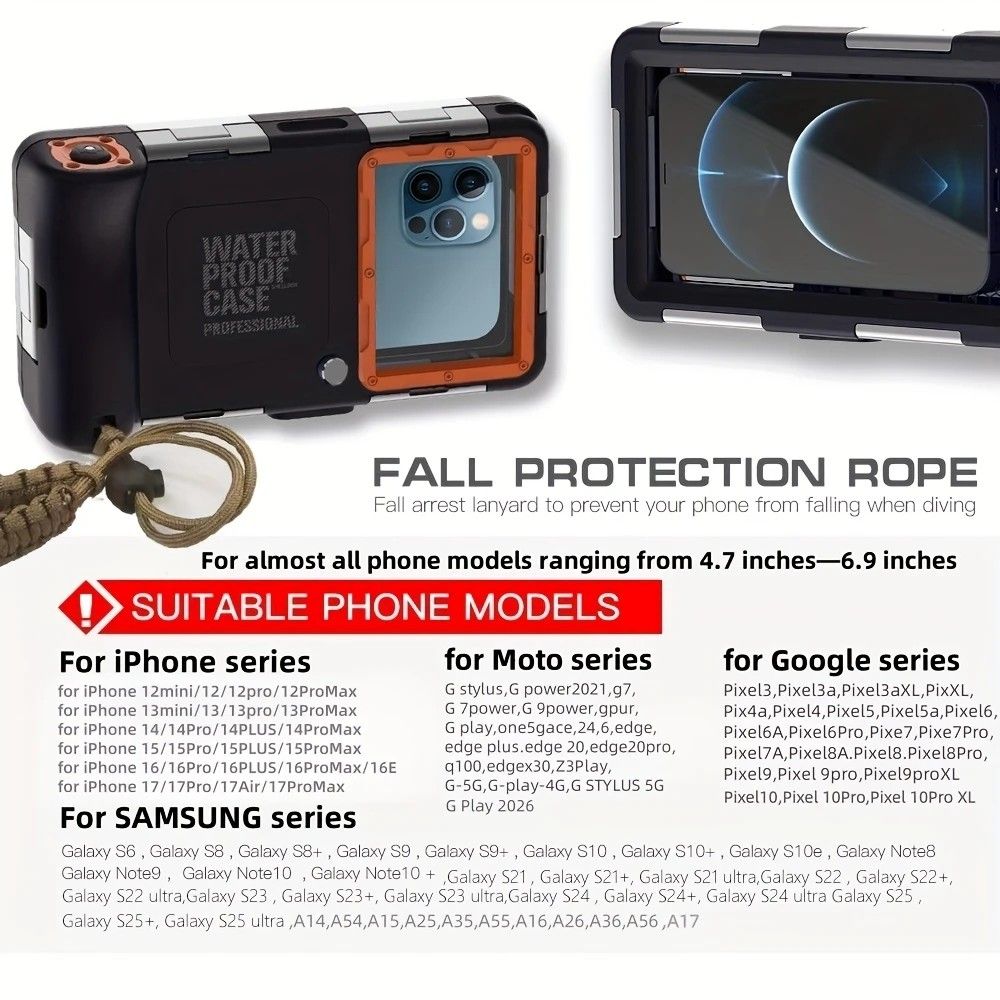 15m Waterproof Phone Case for Diving & Surfing - 1 Hour Underwater Shooting, Dual Seal, Zinc Alloy Buckle, Fits iPhone Samsung Xiaomi up to 6.9 Inch(black+orange)