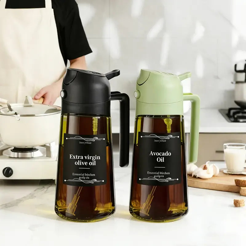 Dark Glass Light-Blocking Oil Dispenser, Dual-Use Press Spray & Pour, Kitchen Oil Control & Freshness./GREEN