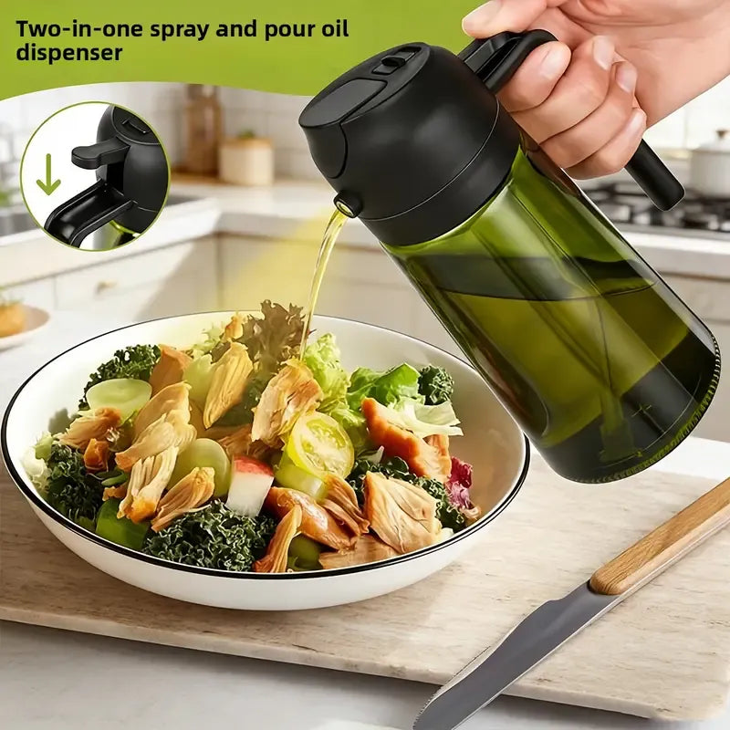 Dark Glass Light-Blocking Oil Dispenser, Dual-Use Press Spray & Pour, Kitchen Oil Control & Freshness./GREEN